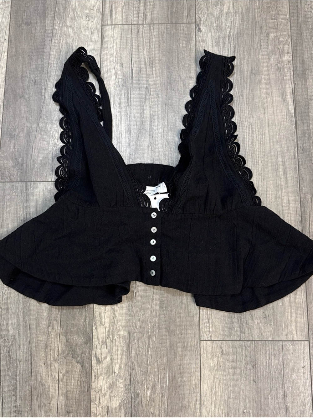 IRO Black Scalloped Lace-Trim Crop Top with Front Buttons